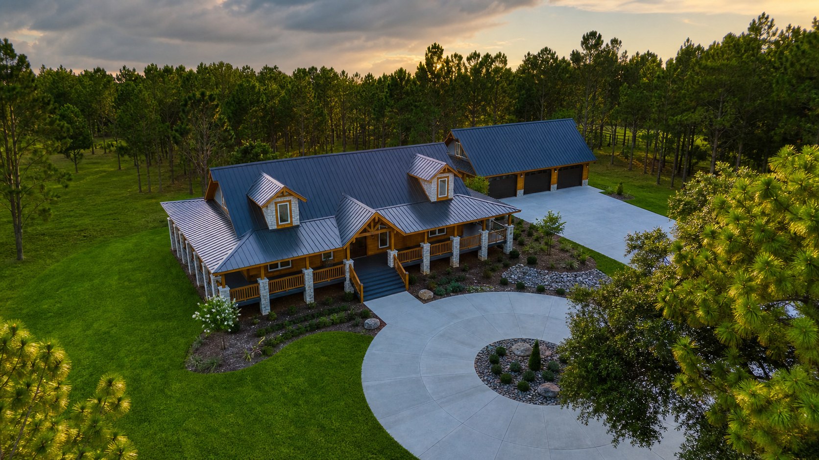 Award-winning Apopka custom log cabin exterior with finished grass, circular driveway, and pine forest setting