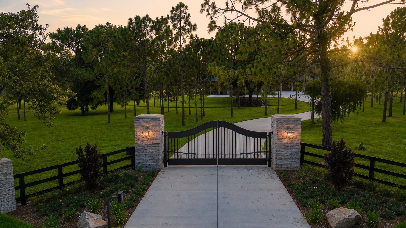 Private gated entry to a finished custom log cabin estate in Apopka Florida with green grass
