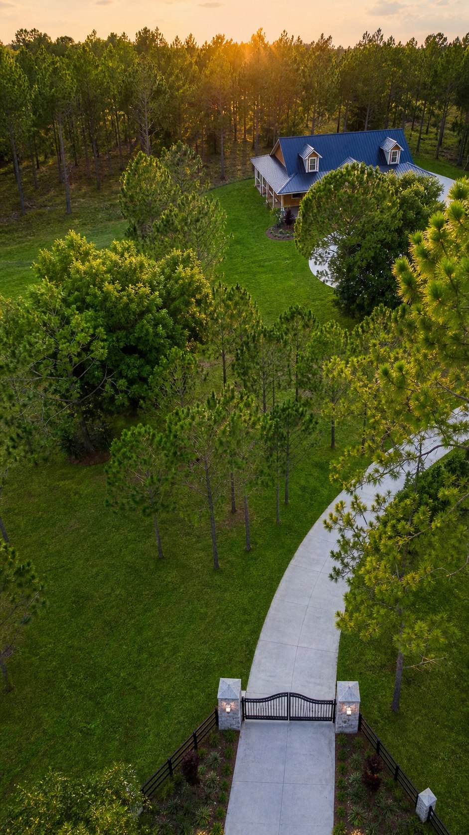 Aerial view of an Apopka custom log cabin on seven acres with finished grass and pine forest setting